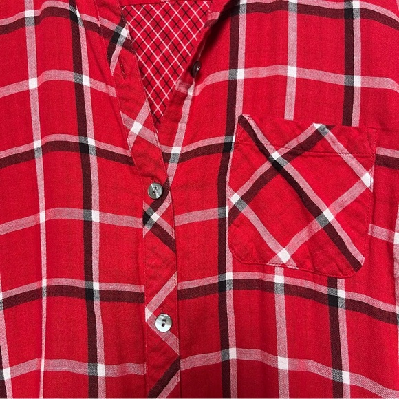 J. Jill Women Button Downn Tunic Top Medium Red Plaid Holiday Pockets - Picture 2 of 10